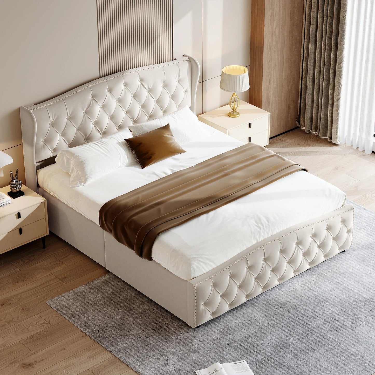Lazyspace Samt gepolsterter Bettrahmen mit Lattenrost, hydraulisches Bett mit Stauraum, modernes Doppelbett mit Nietenverzierung