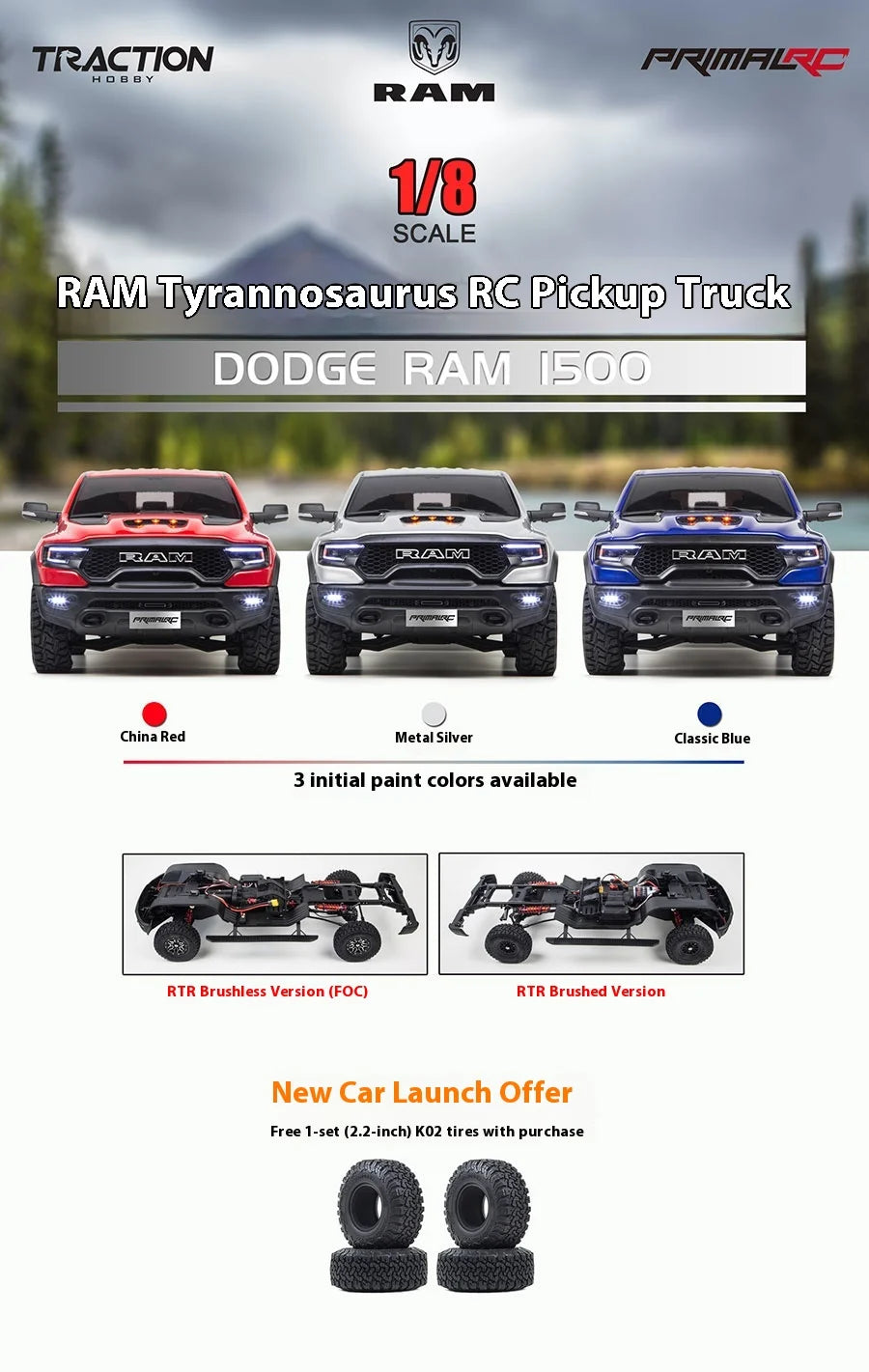 KM Thunder Dodge Tyrannosaurus RAM 1500 Simulation 1/8 Remote Control Electric 4WD Climbing Vehicle Pickup Off road Vehicle.
