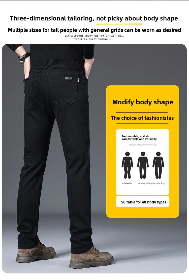 New Style Jeans Black Men's Slim Korean Style Comfortable Straight Leg Elastic Mid Waist Pants Autumn Winter Casual Denim Pants.