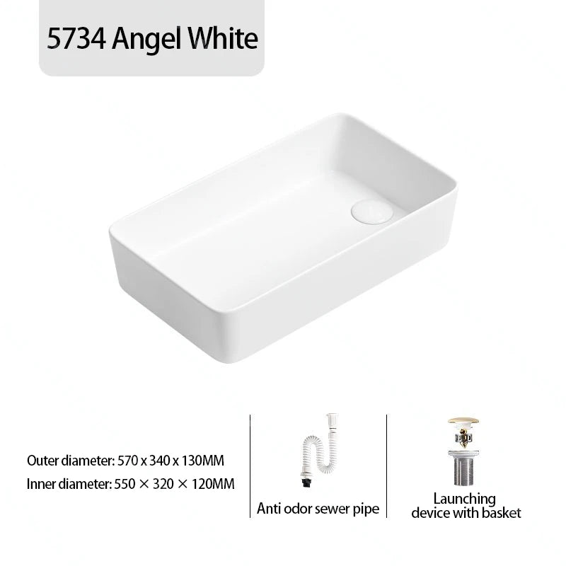 Rechteckiges Waschbecken aus Porzellan-Keramik für Badezimmer, modernes Waschbecken über der Theke mit Abflussset, Waschtischwaschbecken auf der Arbeitsplatte