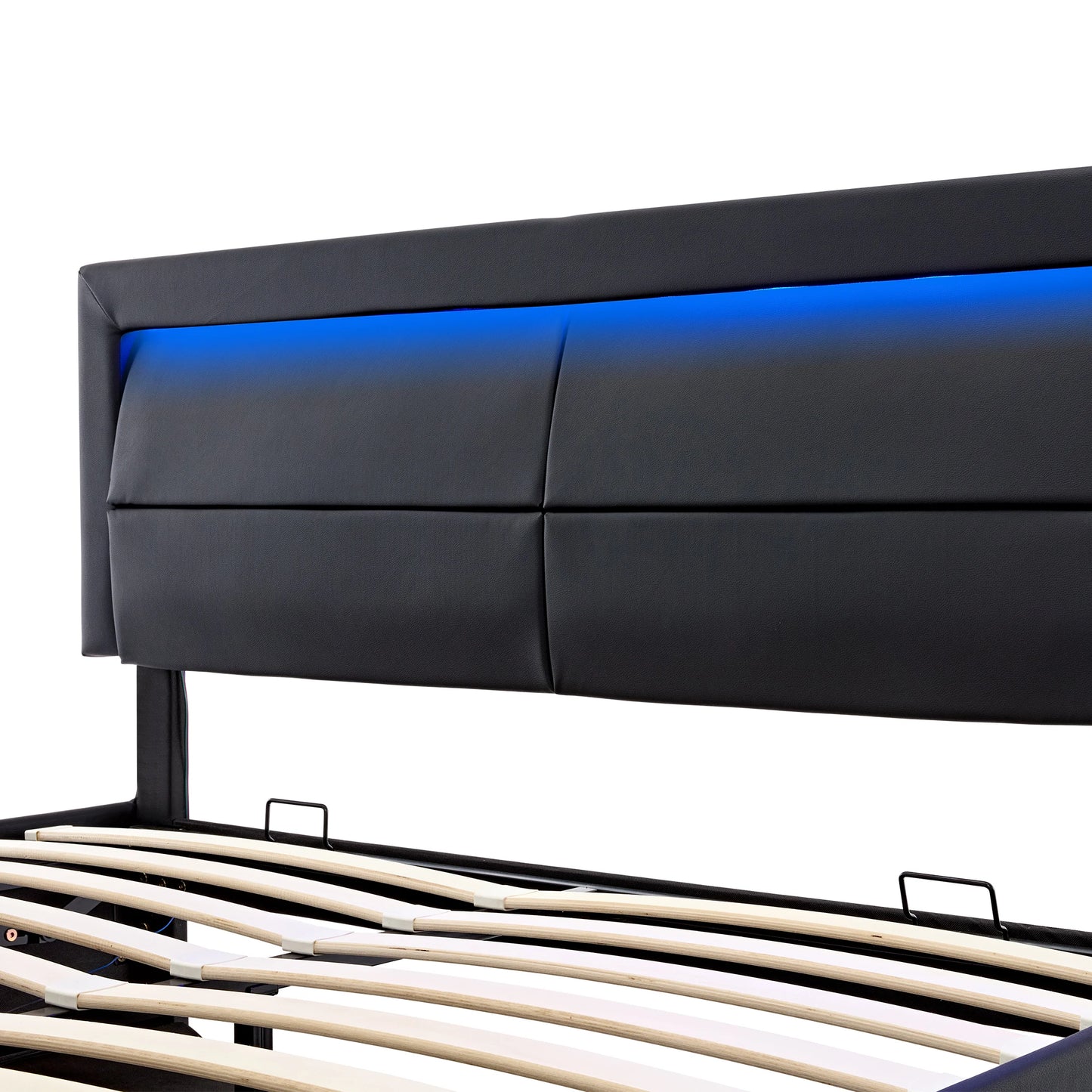 160x200cm Gepolstertes Doppelbett mit LED und USB, mit Lattenrost und Stauraum, PU-Funktionsbett