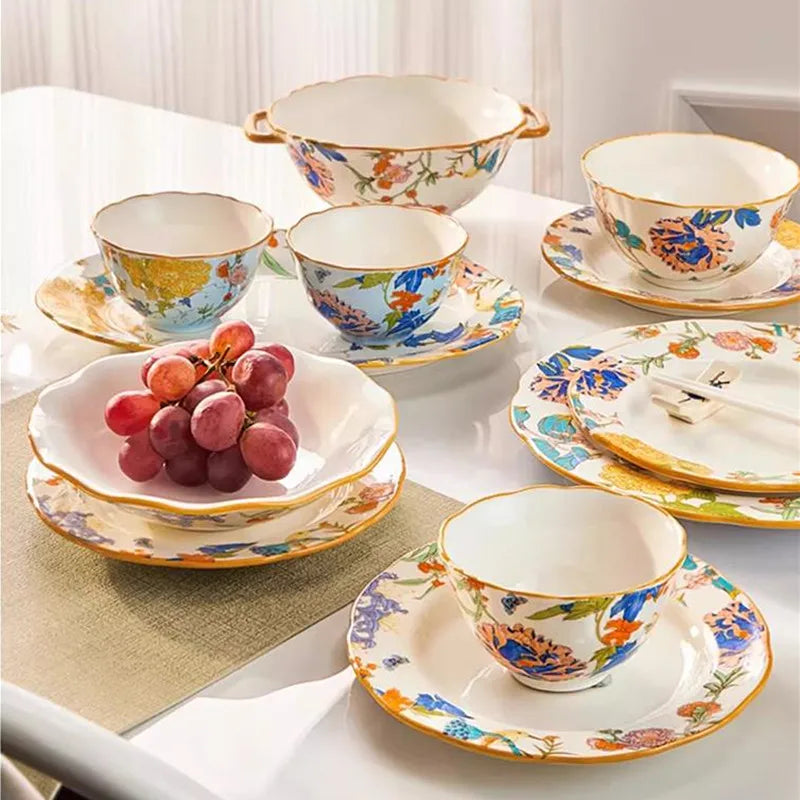 1PC Chinese-style Ceramic Plates New Flower-patterned Dinner Plates Ceramic Fruit Salad Plates Exquisite Kitchen Accessories.