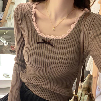 HOUZHOU Vintage Elegante Kokette Gestrickte Pullover Frauen Koreanischen Stil Cuteore Sexy Bogen Patchwork Quadrat Kragen Dünne Strickjacke 2025