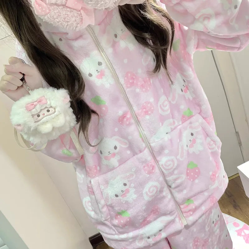 Japanese New Winter Sweet Cute Cartoon Rabbit Flannel Pajamas Set Daughter Girls Pink Thickened Loungewear Women's Sleepwear.