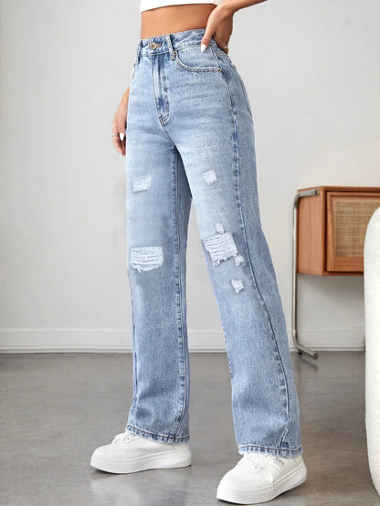 Women's pocket-breaking casual Denim wide-leg pants.