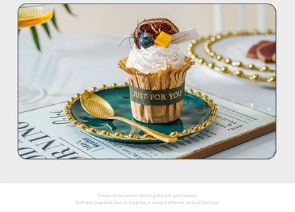 Nordic Ins Style Golden Edge Bead Plate Western Food Steak Plate Home Network Red Dish Creative Tableware Plate Breakfast Salad.