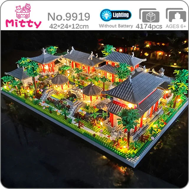 Lezi Architecture Ancient Pavilion Temple Tower Lake Garden Gate LED Light Model Mini Diamond Blocks Bricks Building Toy no Box.