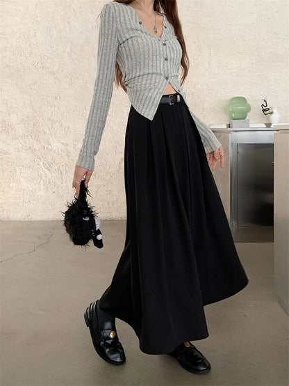 2024 New Korean Skirt Women Solid Color Versatile Mid-length Pleated Skirt Large Swing Type Skirt Female Long Skirts for Women
