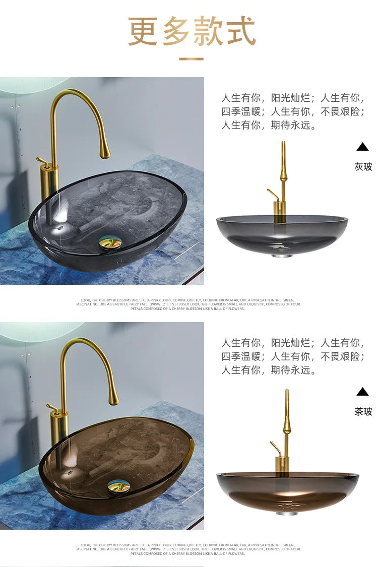 Farbiges, transparentes Badezimmerwaschbecken aus gehärtetem Glas, Hotel, modernes Aufsatzwaschbecken, Waschbecken mit Wasserfall-Wasserhahn, 49 x 35 x 13 cm