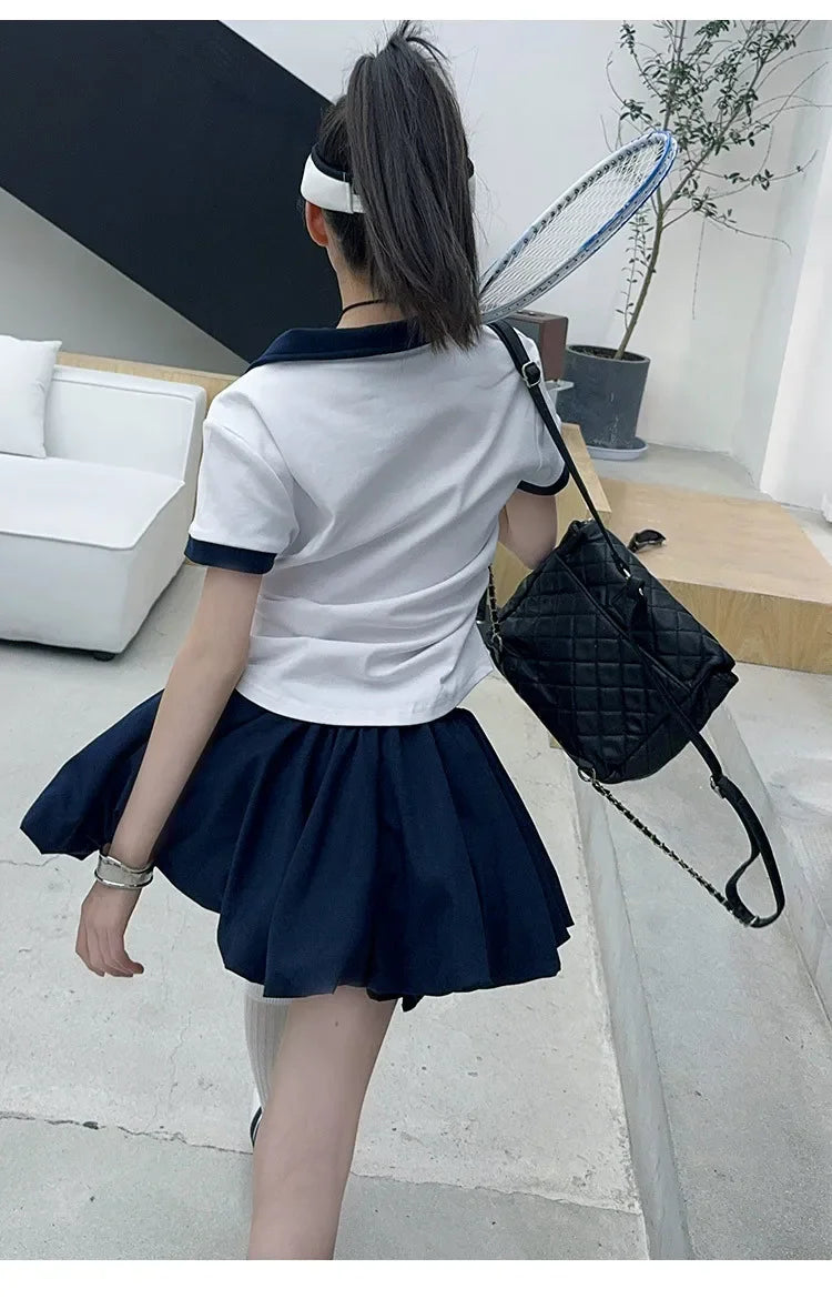 Girls Summer New Fashion Korean Style School Sports Short Sleeve T-Shirt And Bloomers Two-Piece Set White Floral Print Outfit.