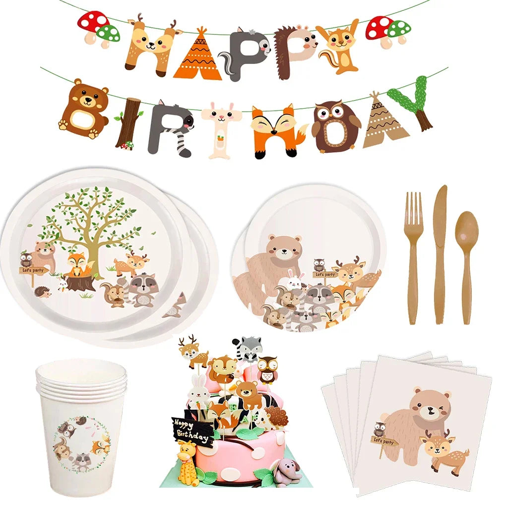 Cartoon Tiere Party Einweg Geschirr Wilde Bär Fuchs Wald Tiere Party DIY Dschungel Safari Alles Gute Zum Geburtstag Baby Dusche Dekor.