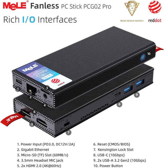 MeLE PCG02 Pro Fanless MINI PC Stick N100 8G 256G Mini Computer Dual HDMI,4266MHz LPDDR4,WiFi5 Gigabit Ethernet,USB Type-C PD3.0.