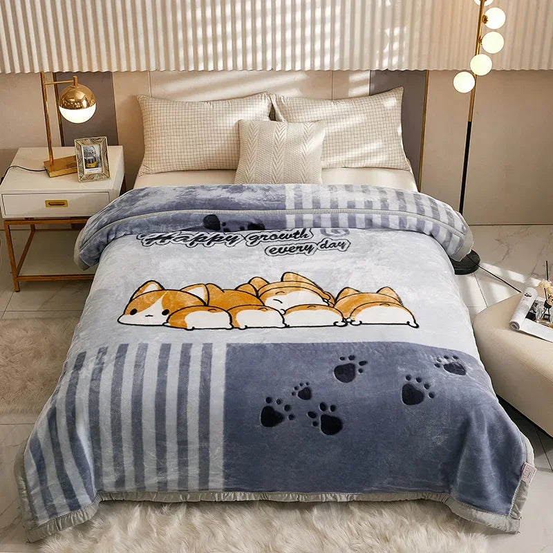 4.5kg Home Thicken Quilt Comforters Winter Warm Raschel Plush Blanket Print Throw Double Layer Fluffy Soft Quilt 200x230cm 이불 이불.