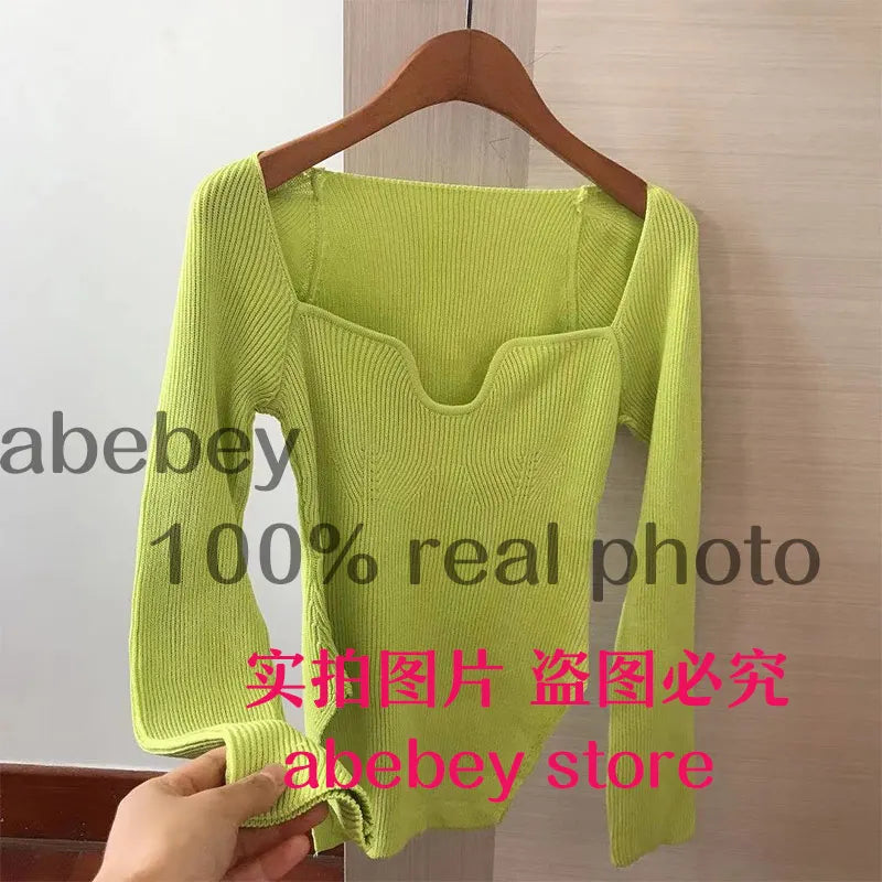 Quadrat Kragen Langarm Frau Pullover Gestrickte Pullover Frauen Frühling Herbst Pullover Winter Tops Für Frauen Schwarz Weiß Jumper