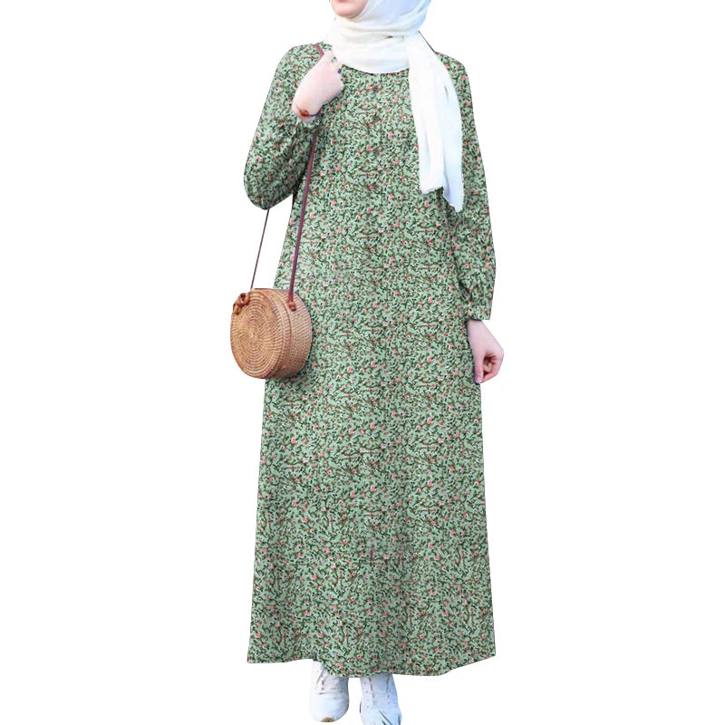 ZANZEA Islamic Women Floral Print Maxi Dress Long Sleeve Loose Casual Abaya Robes 2025 Spring Muslim Hijab O Neck Kaftan Dresses.