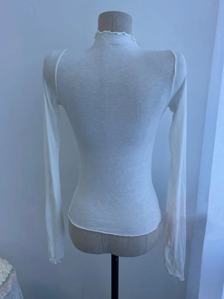 Sexy See-through T Shirt Women High Elasticity Tee Shirt Slim Thin Ruffled Turtleneck T-shirt Female Solid Top.
