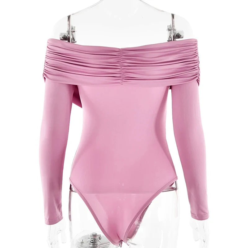 Y2K Women Sexy Off Shoulder Bodysuit Solid Color Long Sleeve Skinny Romper Crossed Folds Fashion Streetwear Autumn