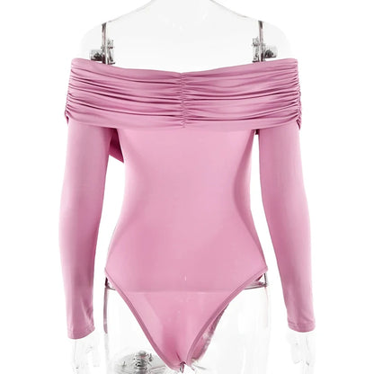 Y2K Women Sexy Off Shoulder Bodysuit Solid Color Long Sleeve Skinny Romper Crossed Folds Fashion Streetwear Autumn