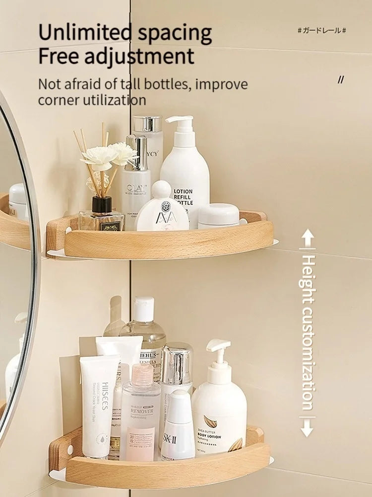 Badezimmer-Aufbewahrungsregal aus Holz und Aluminium, Aufbewahrungsregal für Badezimmer, perforationsfrei, Wandbehang, Waschtisch, WC, dreieckiges Eckregal