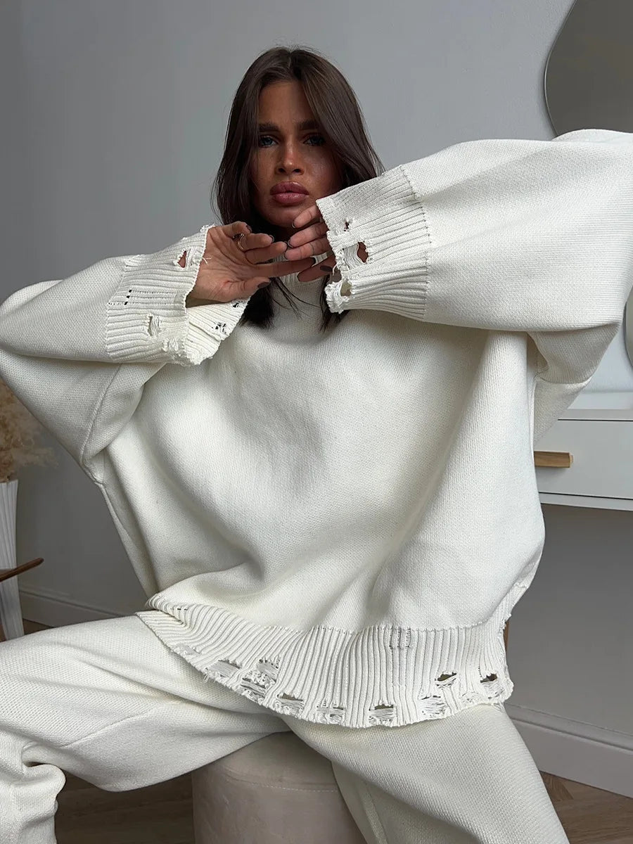 Two Piece Ripped Set Women Knit Tracksuits O Neck Long Sleeve Casual Baggy Sweatshirts+ Joggers Pants Outfits 2025 Fall Winter.