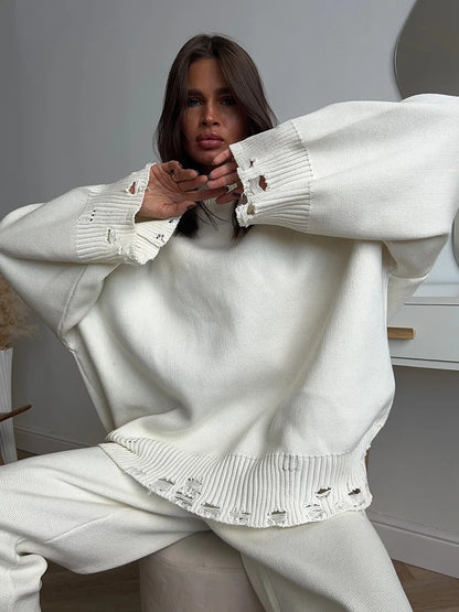 Two Piece Ripped Set Women Knit Tracksuits O Neck Long Sleeve Casual Baggy Sweatshirts+ Joggers Pants Outfits 2025 Fall Winter.