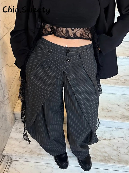 Chic Zwei Tasten Gestreiften Gefaltete Hosen Frauen Lose Taschen Breite Bein Hosen Weibliche 2026 Frühling Dame Pendeln Alle-spiel hose Neue