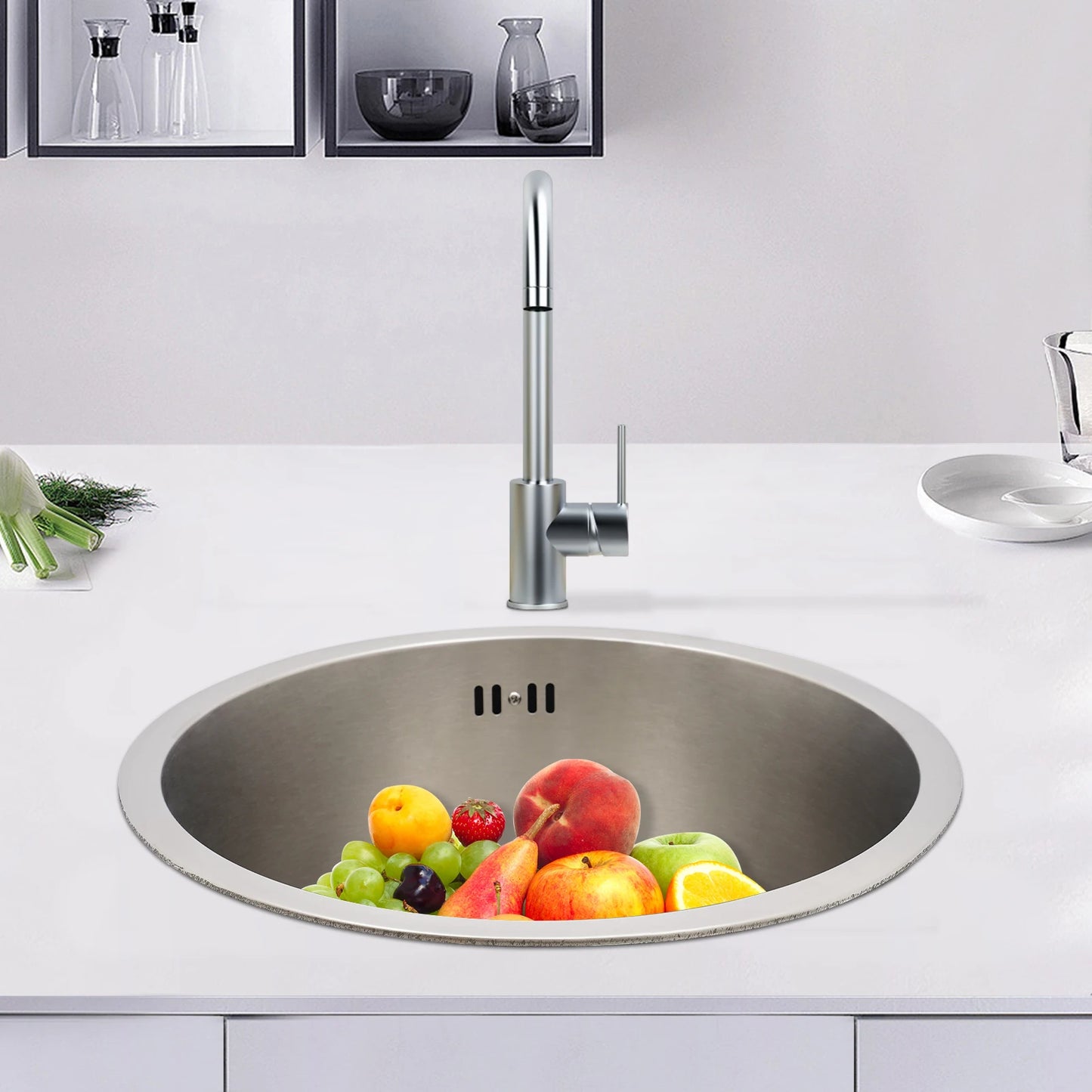 41 cm kreisförmige, vertiefte und vergrößerte Küchenspüle aus Edelstahl 304 mit einer Schüssel