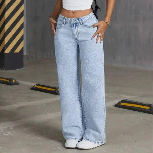 Jean Straight Pants Women Denim Washed Jeans Full Length Mom Embroidery Pockets Loose High Waist Vintage Zipper Fly Spliced.
