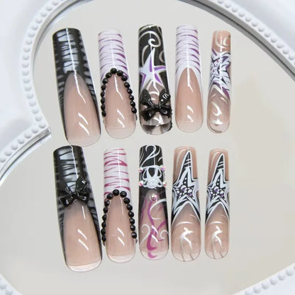 24Pcs Sweet Cool Spice Girl Press on Nails Black French Bow False Nails Y2k Star Glitter Diamond Nail Long Square Gel Fake Nails.