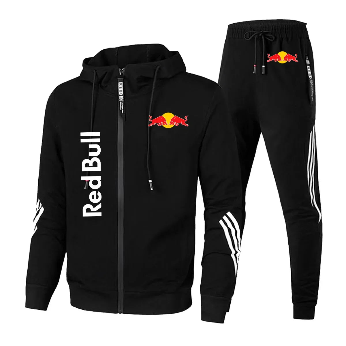 2025 Red Bull Brand Logo Printed Men's Zipper Hoodie With Casual Trousers Cycling Sports Two-piece Solid Color Simple Men's Suit.