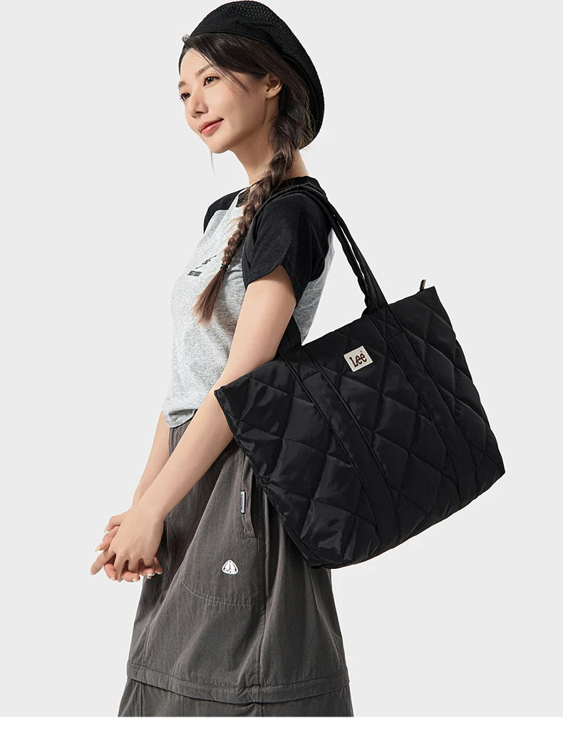 LEE Large Soft Puffer Bag Women Big Size College Students Laptop Book Quilted Tote Bag Lady Down-filled Shopping School Bags.