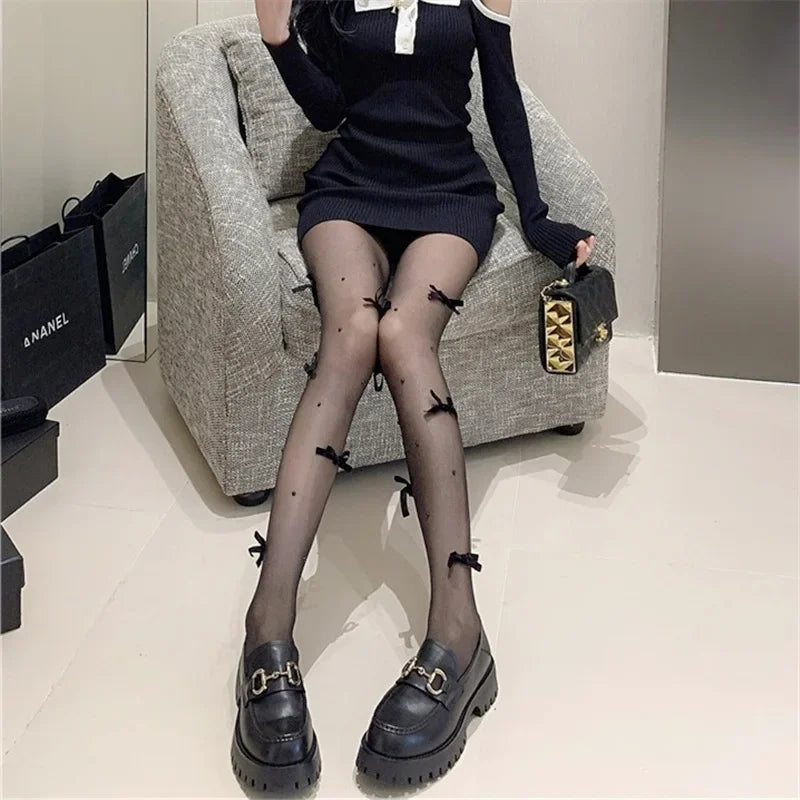 Sweet Pure Desire Butterfly Knot Stockings Pearl Pantyhose Women's Ultra Thin Any Cut Anti Snag Long Tube Socks.