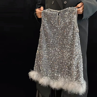 Pailletten Mädchen Prinzessin Kleid Grau Rundhals Ärmellose Feder Weste Kleid Kinder Geburtstag Party Kleid Performance Kleid