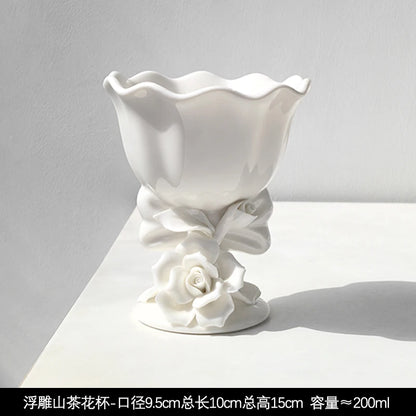 Vintage relief ceramic coffee set, hand-squeezed camellia afternoon tea set, tissue box, creative gift..