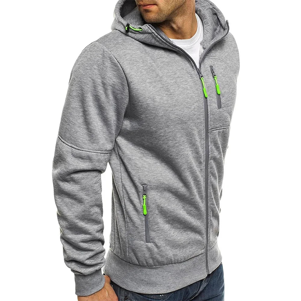 Men's hooded zipper jacket with pockets, custom logo image text, casual sports streetwear, men's cardigan wool sweater, fashion.