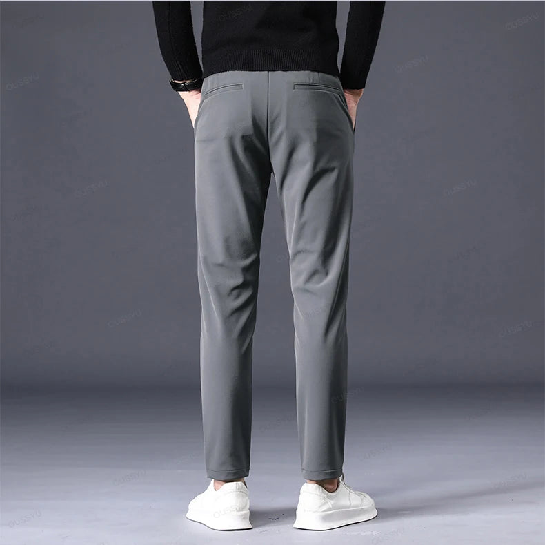 Autumn Winter Casual Pants Men Thick Business Stretch Slim Elastic Waist Jogger Outdoors Korean Classic Grey Black Trousers Male.