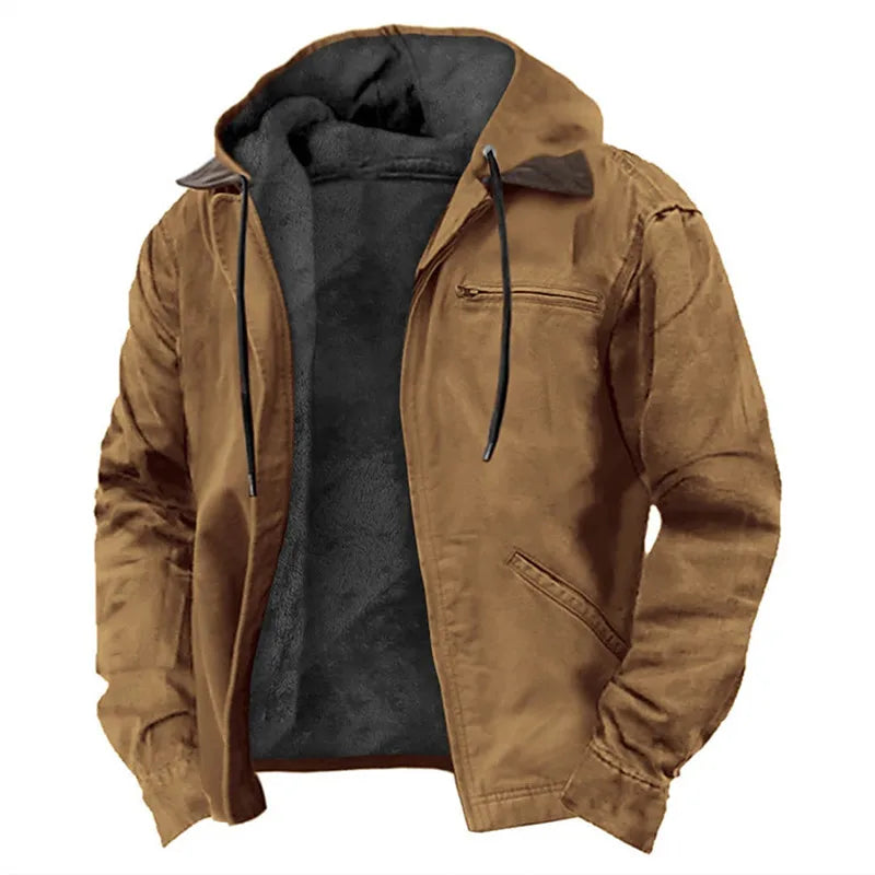 Winter New Men Casual Jackets Hooded Zipper Pocket Fashion Solid Color Fleece Warm Outerwear Male Outdoor Hooded Hoodie Coats.