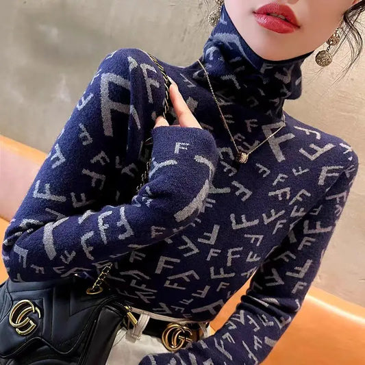 Frauen Kleidung Elegante Mode Brief Stricken Pullover Herbst Winter Casual Alle-spiel Halb Hohen Kragen Langarm Pullover Schlank top