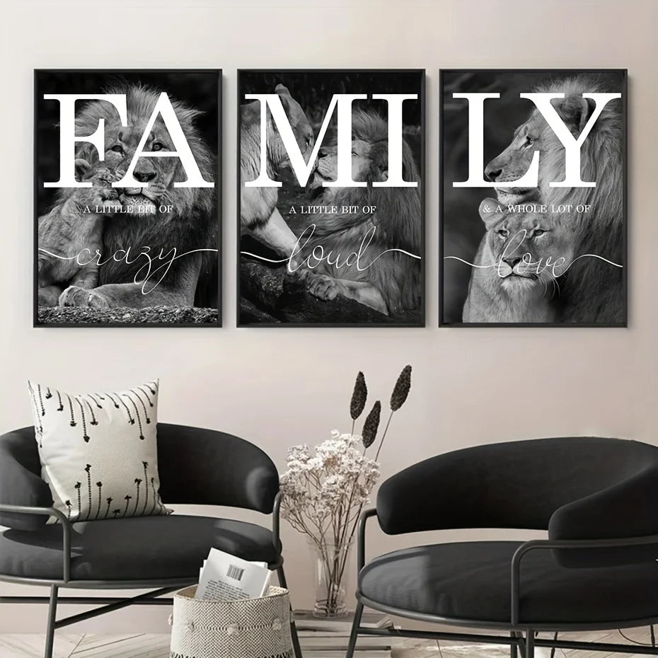 3pcs  Black And White Lion Family Quote Home Signs Canvas Paintings Animal Lion Wall Art Prints And Posters For Living Rooom.