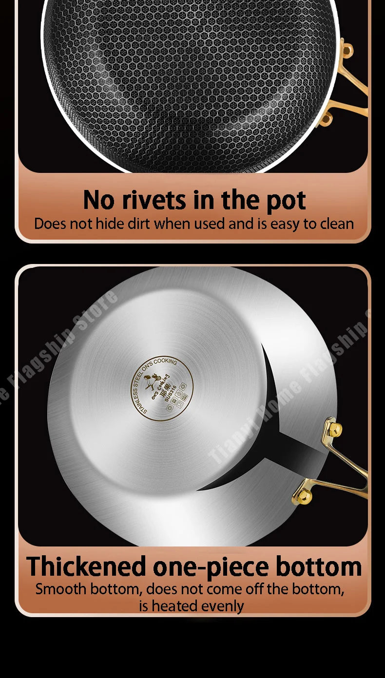 316 Stainless Steel Frying Pan Wok Non-stick Cooking Honeycomb Steak Gas Stove Pot Induction General Saucepan Kitchen Cookware