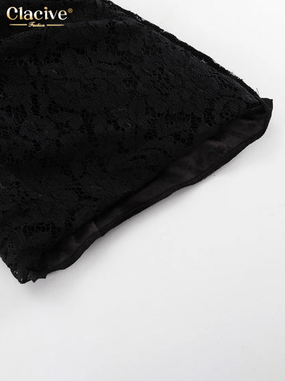 Clacive Sexy Loose Black Lace See Through Trousers Sets Women 2 Pieces Fashion Long Sleeve Shirt With High Waist Wide Pants Set