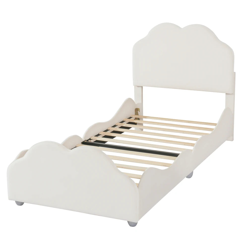 Kinderbett 90 x 200 cm hohes Geländer, Kinderbettgestell mit wolkenförmigem Kopf und Fußteil, Bett aus hautfreundlichem Samt