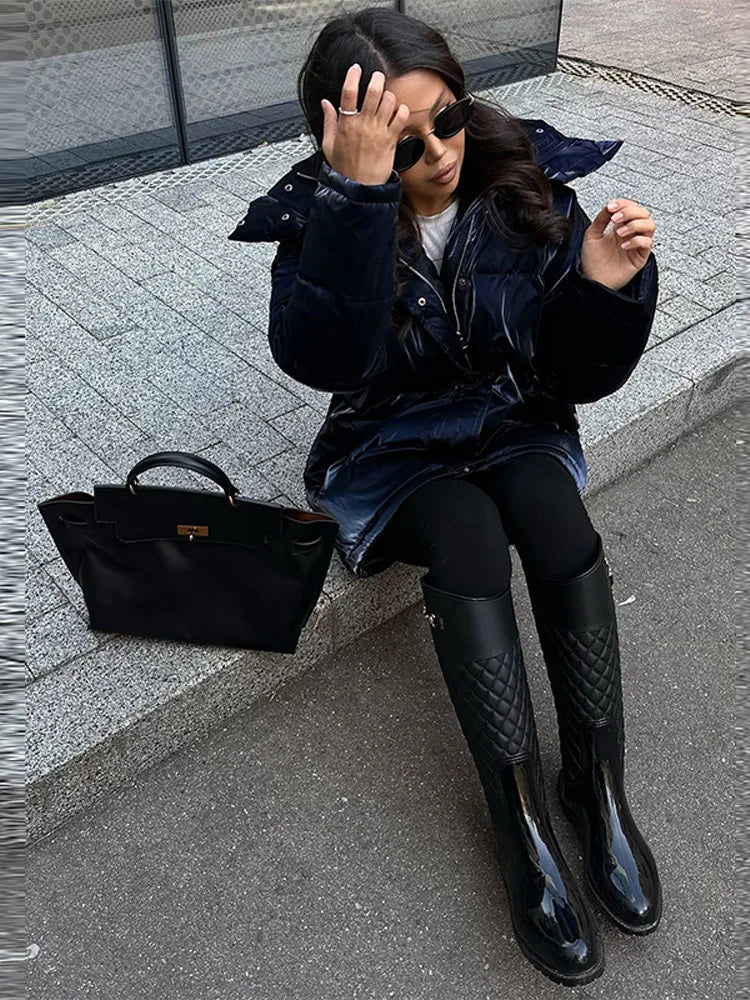 Frauen Glänzend Herbst Winter Mit Kapuze Baumwolle Gefütterte Jacke Lose Lange Hülse Spitze Up Warme Mantel 2025, Neue Dame Mode Party outwear