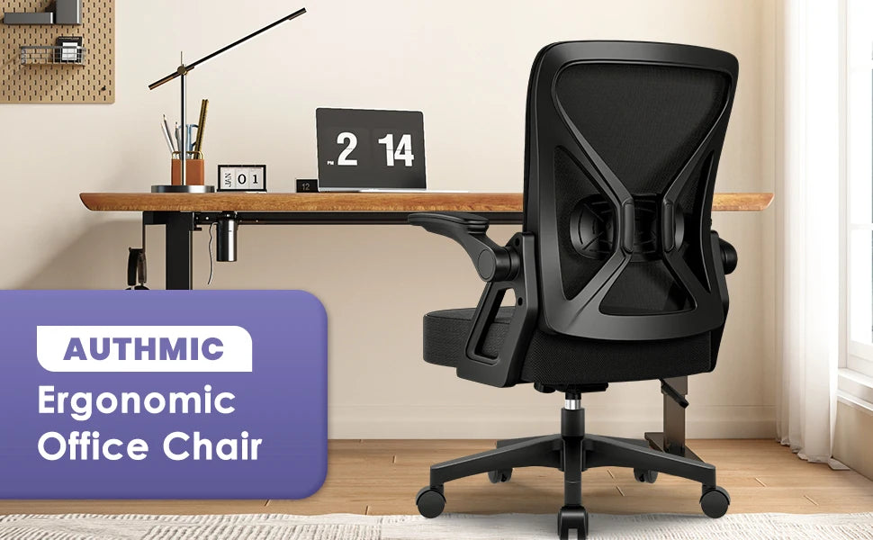 AUTHMIC Ergonomischer Bürostuhl mit Netzrücken, Lordosenstütze, hochklappbare Armlehnen, höhenverstellbar, für die Arbeit im Home-Office-Schreibtisch
