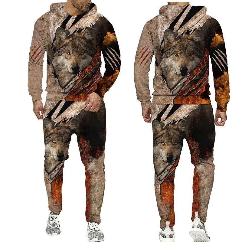 Wolf 3d Printed Hoodie Pants Suit Male Autumn and Winter Casual Sweashirt Pullover Men Tracksuit Set Fashion Men's Clothing Suit