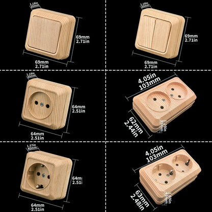 Holzfarbe, Wandoberfläche, 2-Steckdosen, Stecker, EU-Außensteckdosen mit Erdung, Steckdose für den Außenbereich, flammhemmender Kunststoff.