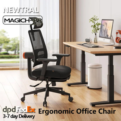 NEWTRAL MagicH-BP Ergonomischer Bürostuhl mit Fußstütze und Lordosenstütze, 4D Armlehne, Rückenlehne und Verstellbarem Kopfsitz, Schreibtischstuhl aus Mesh für Büro