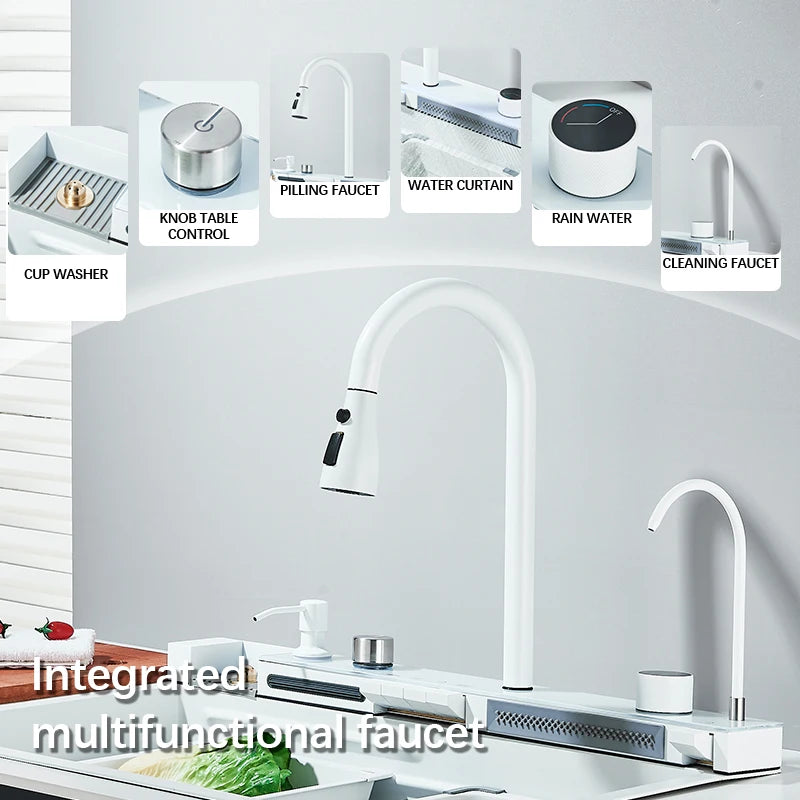 Multifunktionaler digitaler fliegender Regenhahn, weiß, doppelter Wasserfall, Edelstahl-Waschbecken, Küchenspüle, geprägt, großer Einzelschlitz