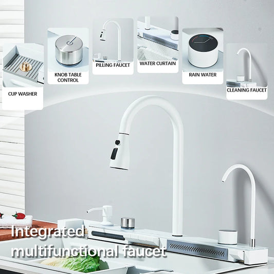 Multifunktionaler digitaler fliegender Regenhahn, weiß, doppelter Wasserfall, Edelstahl-Waschbecken, Küchenspüle, geprägt, großer Einzelschlitz