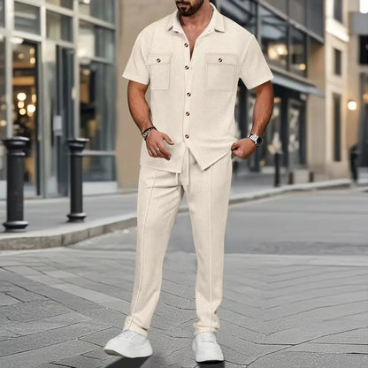 Men's Summer New Pure Color Button Pocket Shirt Short Sleeve Long Pants Two-Piece Set Independent Station Cross-Border.